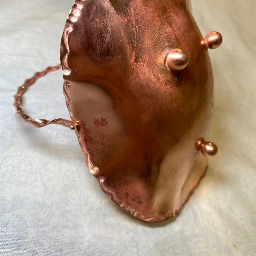 Vintage 1950s Copper Footed Basket Twisted‎ Handle Ruffled Edge Candy Dish